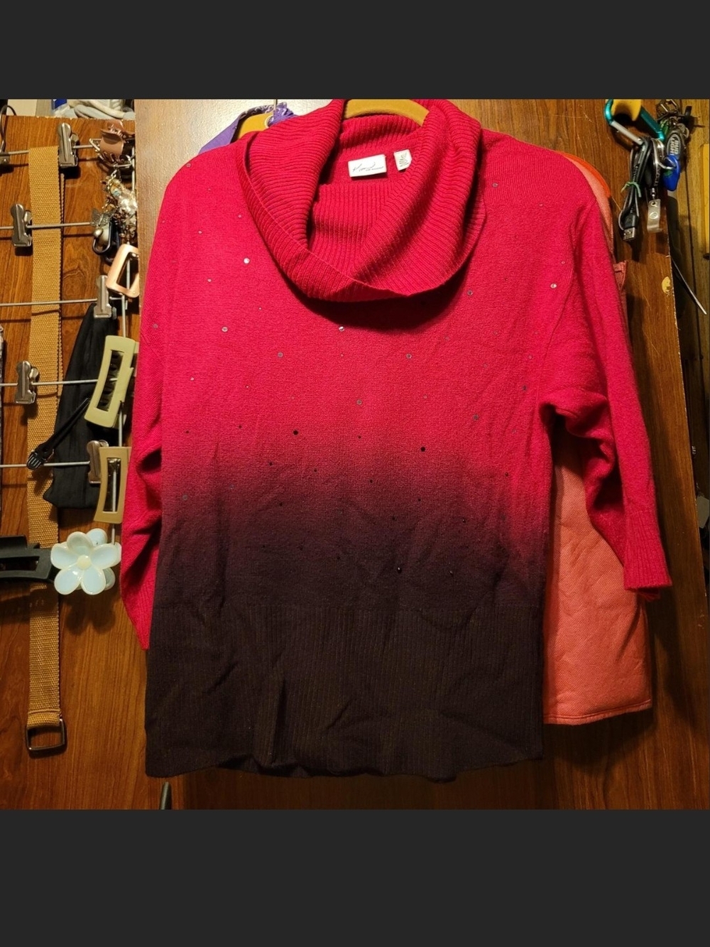Women’s Ombre Red, Brown And Black Cowl Neck Sweater with Embellishments